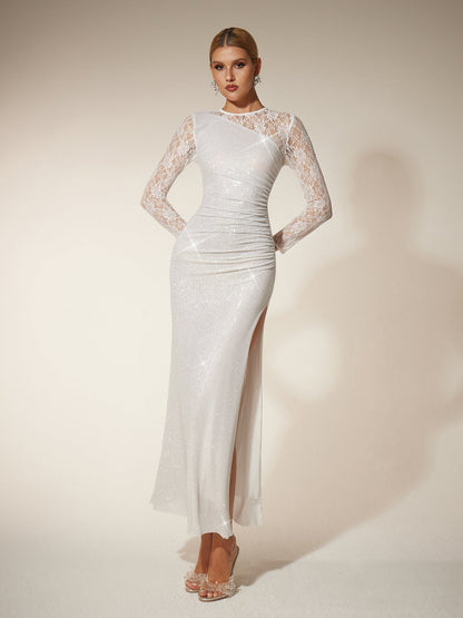 Abito Maxi In Pizzo Con Strass Raerion In Bianco