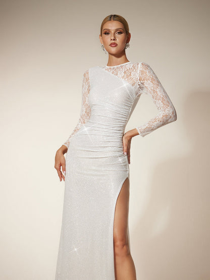 Abito Maxi In Pizzo Con Strass Raerion In Bianco