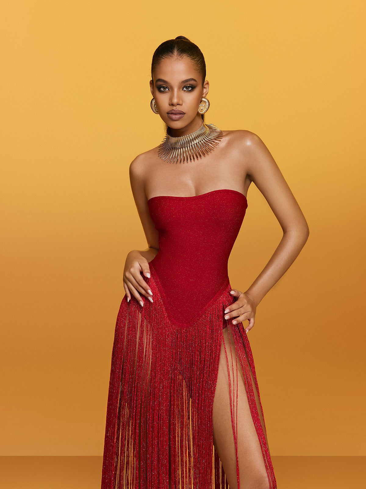 Abito Maxi Bandage Senza Spalline con Frange Rendor