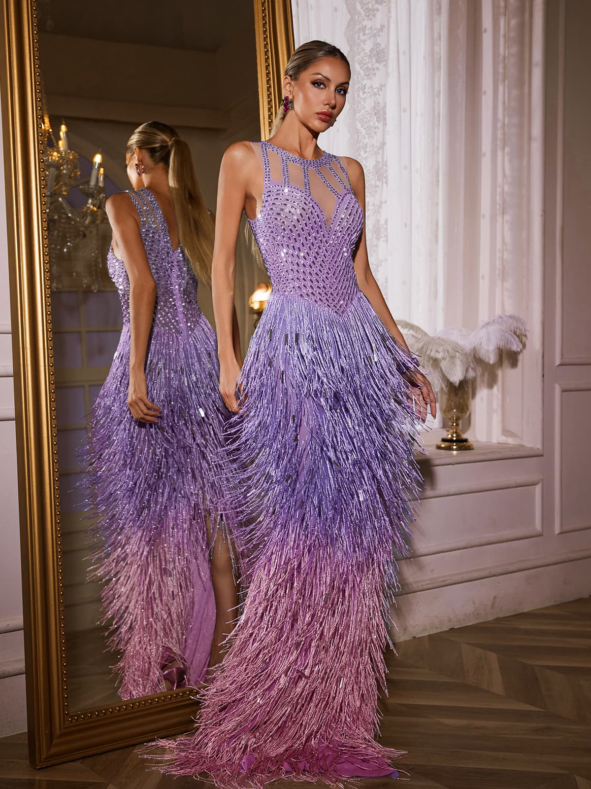 Abito Maxi Saelyvira con Frange e Strass in Viola