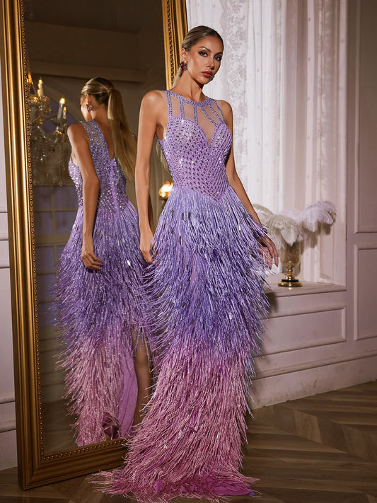 Abito Maxi Saelyvira con Frange e Strass in Viola