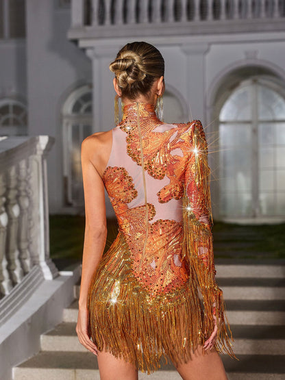 Body Shatora con Spallina Unica e Frange di Strass in Arancione