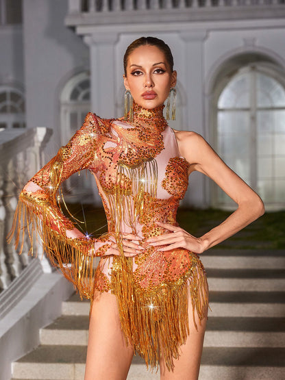 Body Shatora con Frange e Strass a Spalla Unica in Arancione