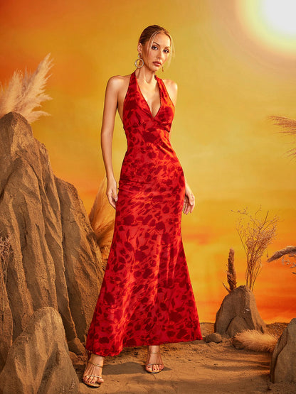 Abito Maxi Floreale con Scollo a Halter Shemeka