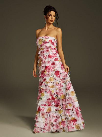 Abito Maxi Floreale a Balze Senza Spalline Solum