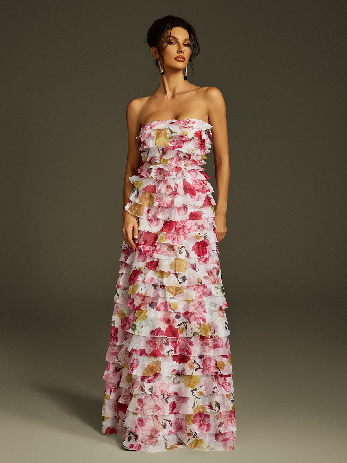 Abito Maxi Floreale a Balze Senza Spalline Solum