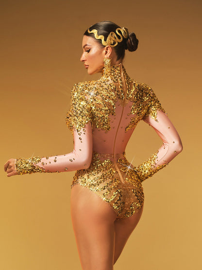 Body con Scollo Alto in Paillettes Thalorian Oro