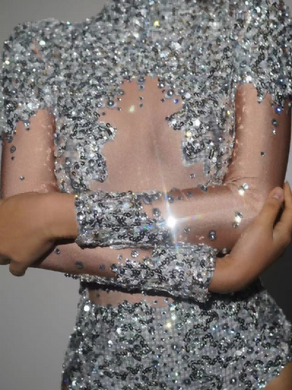 Body a Collo Alto in Paillettes Thaloriano Argento