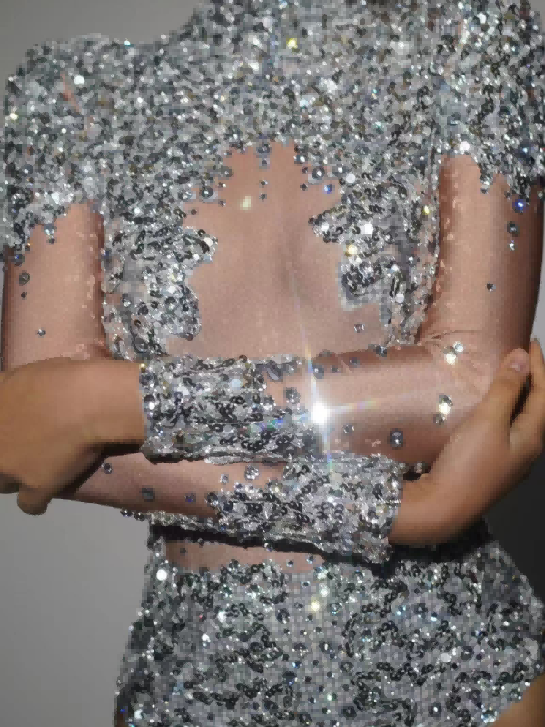 Body a Collo Alto con Paillettes Thalorian in Argento