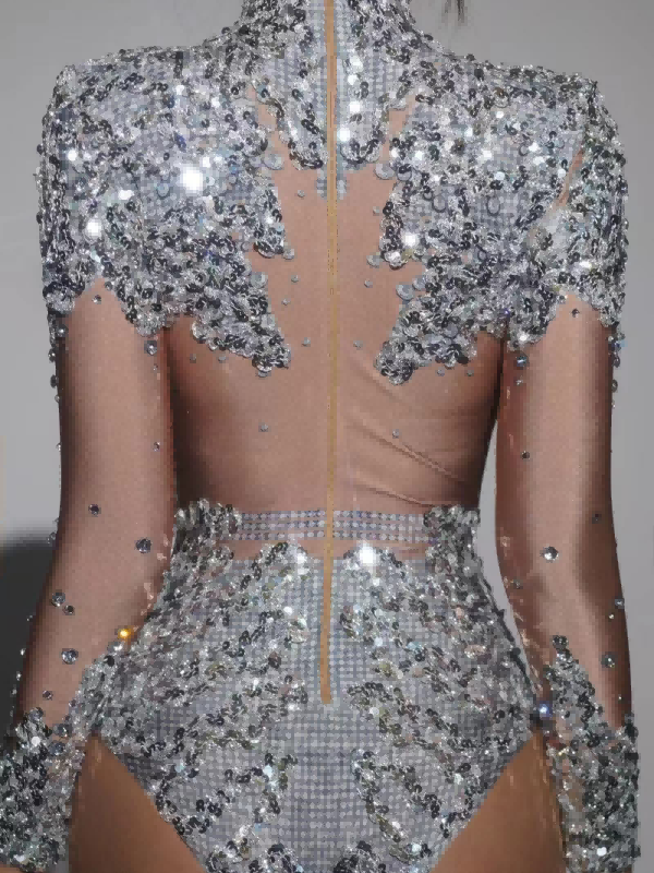 Body a Collo Alto con Paillettes Thalorian in Argento