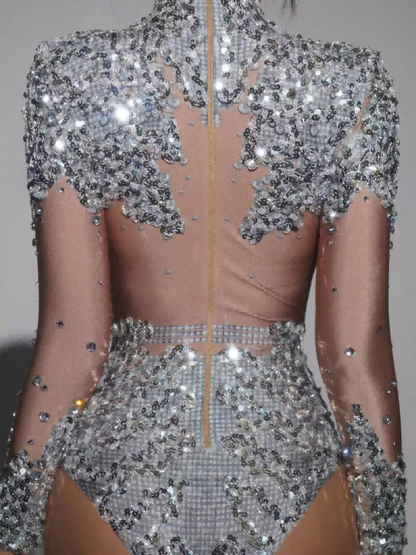 Body a Collo Alto con Paillettes Thalorian in Argento