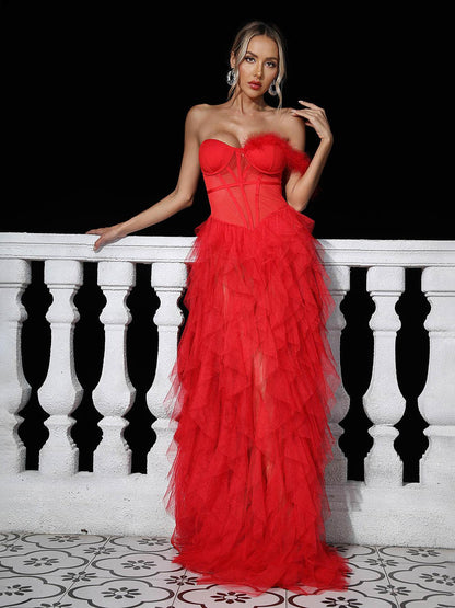 Abito Maxi in Tulle Titania a Spalla Unica in Rosso