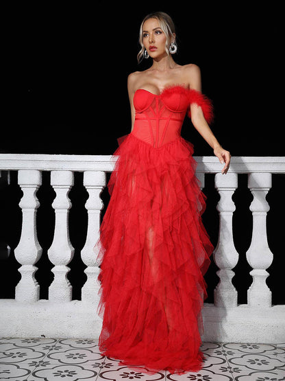 Abito Maxi in Tulle Titania a Spalla Unica in Rosso