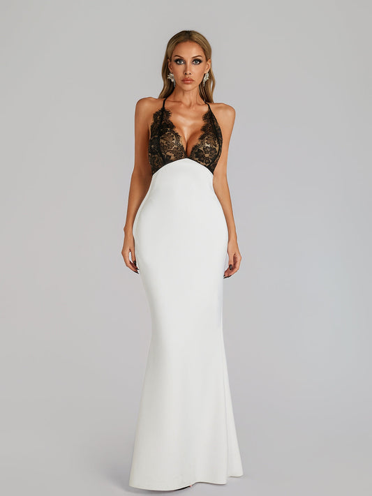 Abito Maxi in Pizzo con Scollo Halterneck Bianco