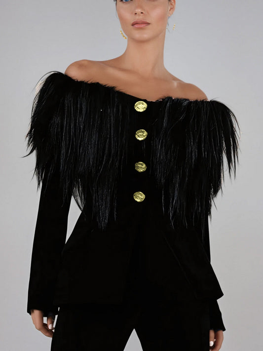 Blazer Vazzar Off Shoulder con Frange
