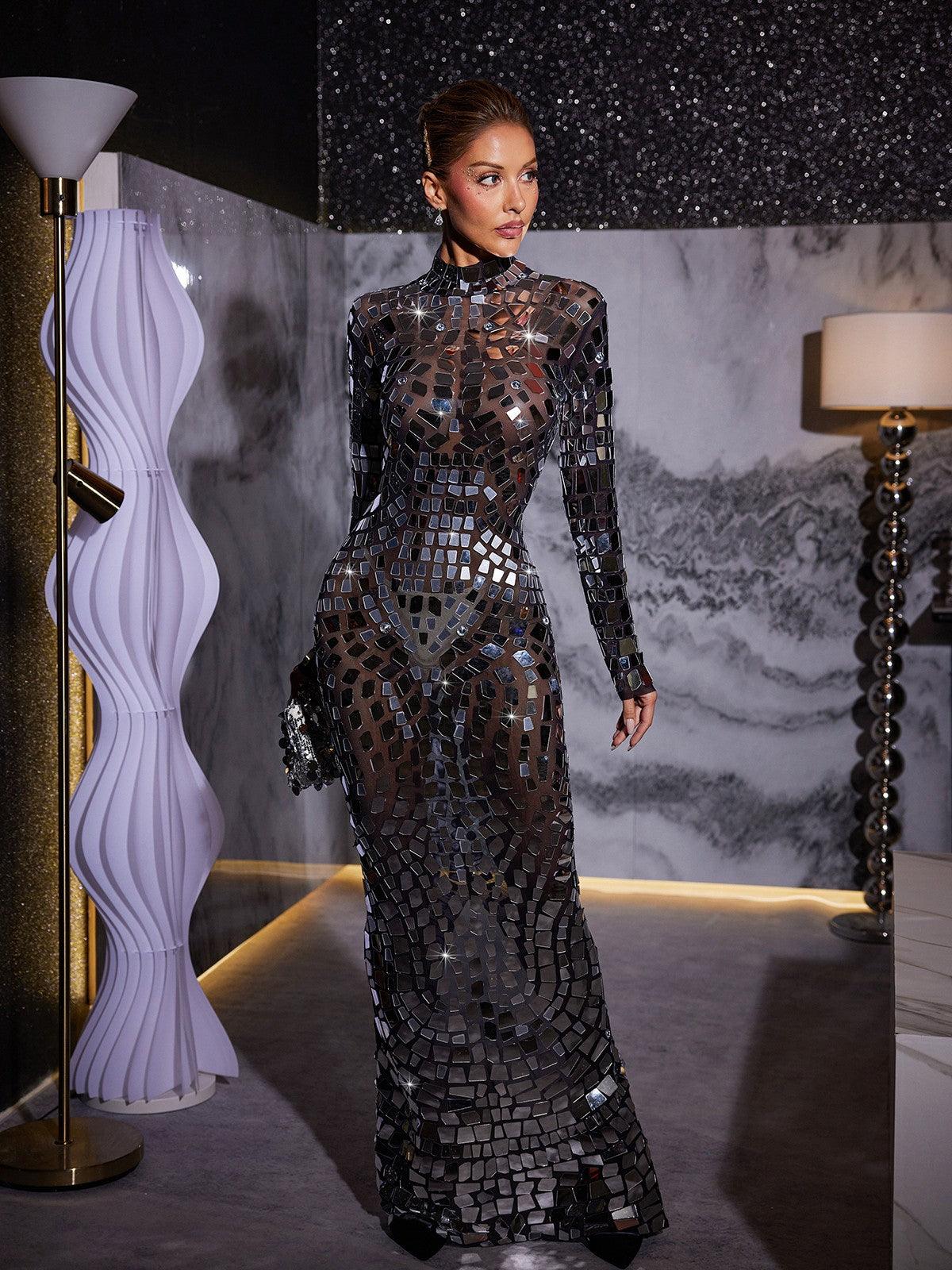 Abito Maxi in Rete Acrilica a Maniche Lunghe Zain