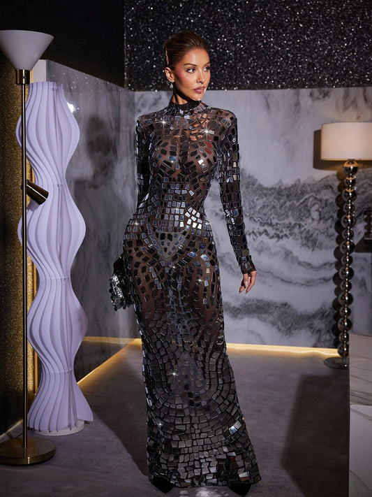 Abito Maxi in Rete Acrilica a Maniche Lunghe Zain