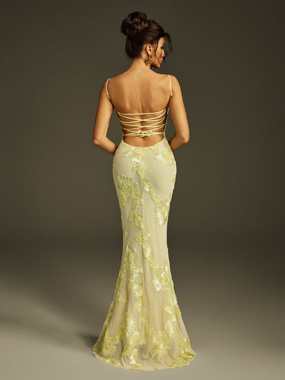 Abito Maxi Ricamato con Fiori Zryne Spaghetti