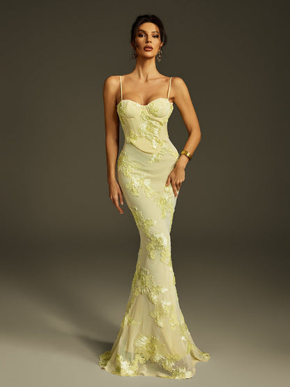 Abito Maxi Ricamato con Fiori Zryne Spaghetti