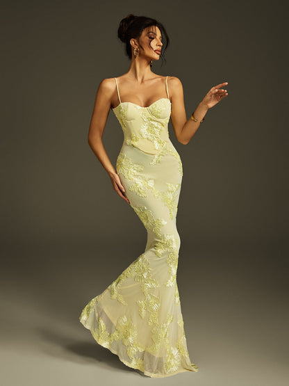 Abito Maxi Ricamato con Fiori Zryne Spaghetti