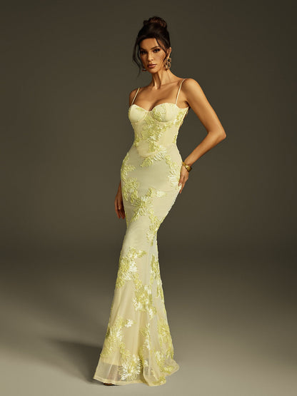 Abito Maxi Ricamato con Fiori Zryne Spaghetti