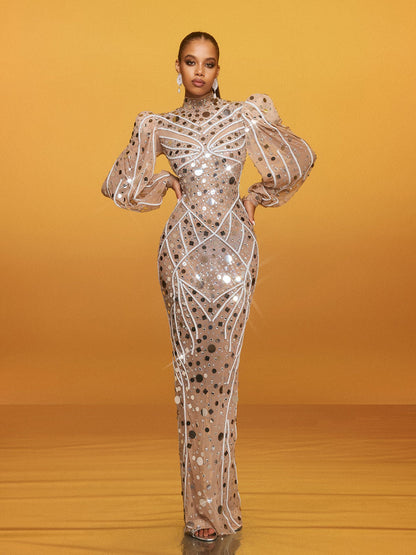 Abito Maxi Ricamato con Maniche Lunghe Zylar