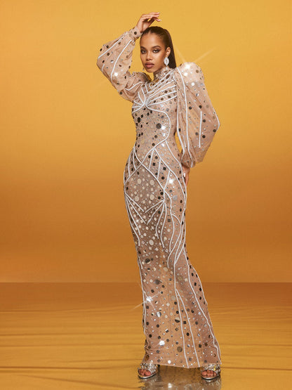 Abito Maxi Ricamato con Maniche Lunghe Zylar