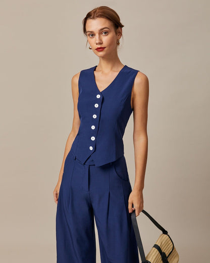 Pantaloni Dritti con Tasche a Vita Alta Navy