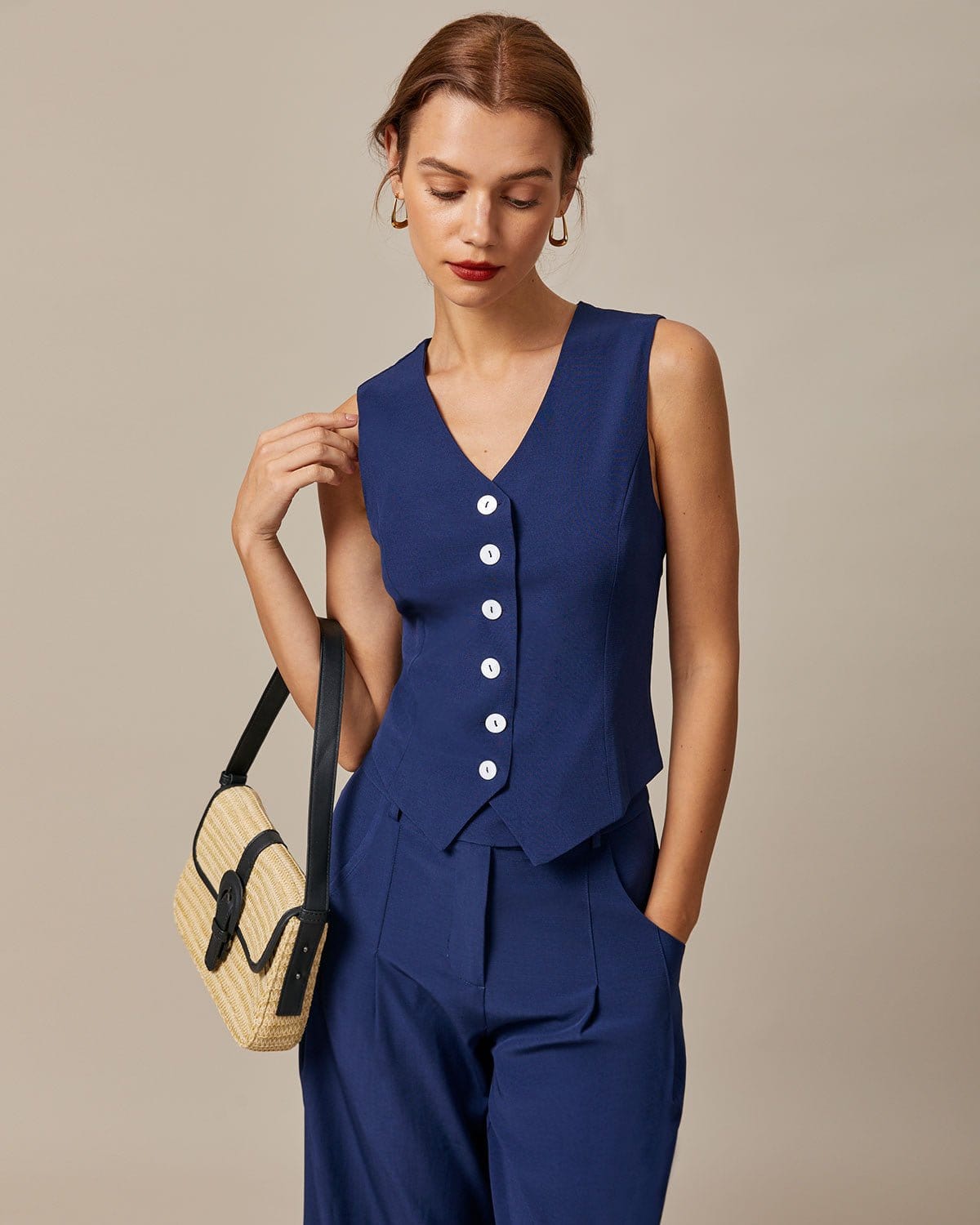 Pantaloni Dritti con Tasche a Vita Alta Navy