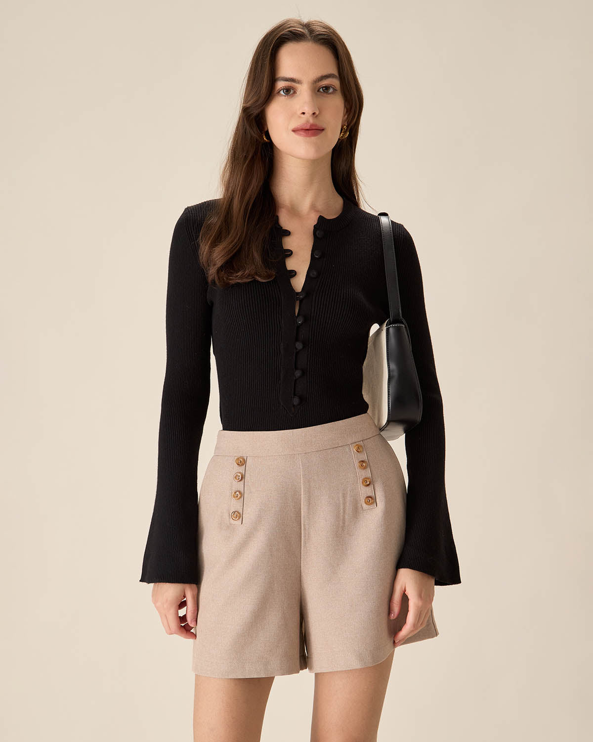 Pantaloni Corti Khaki a Vita Alta con Tasche