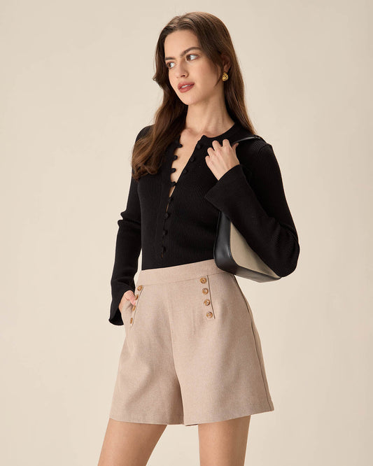 Pantaloni Corti Khaki a Vita Alta con Tasche