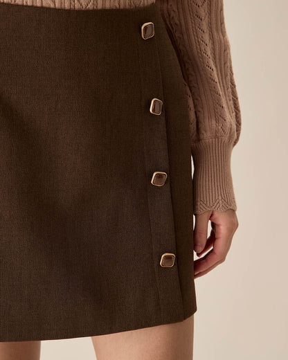 Gonna Mini a Bottoni Alta in Caffè