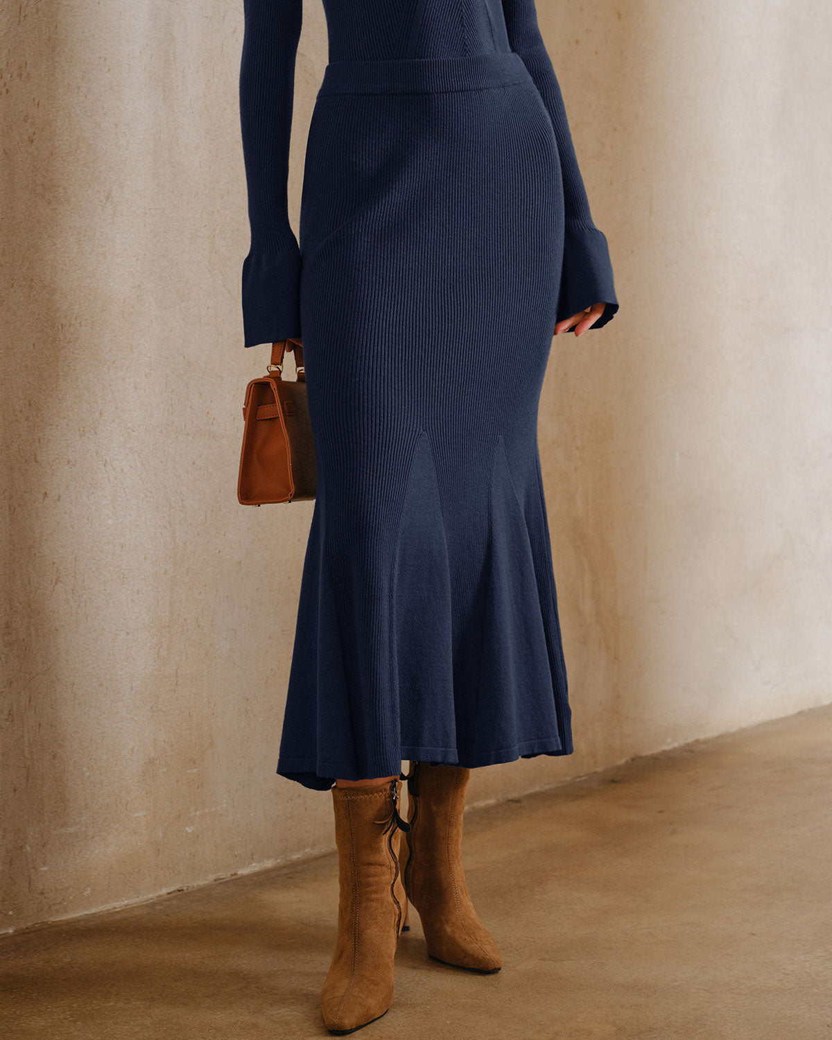 Gonna Midi Mermaid in Maglia Blu Navy