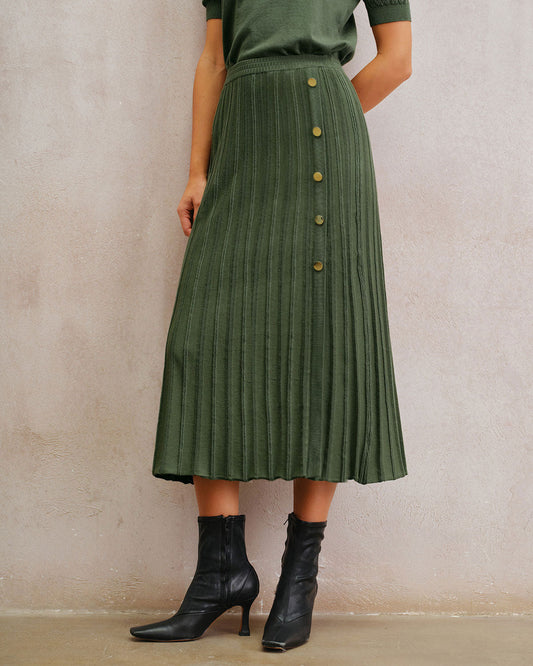 Gonna Midi Plissettata Verde Naturale in Maglia