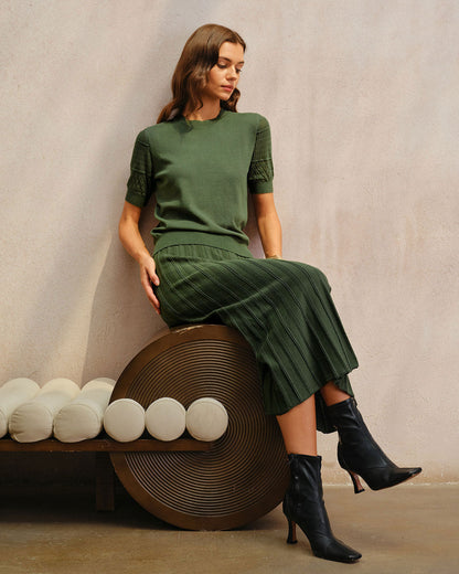 Gonna Midi Plissettata Verde Naturale in Maglia