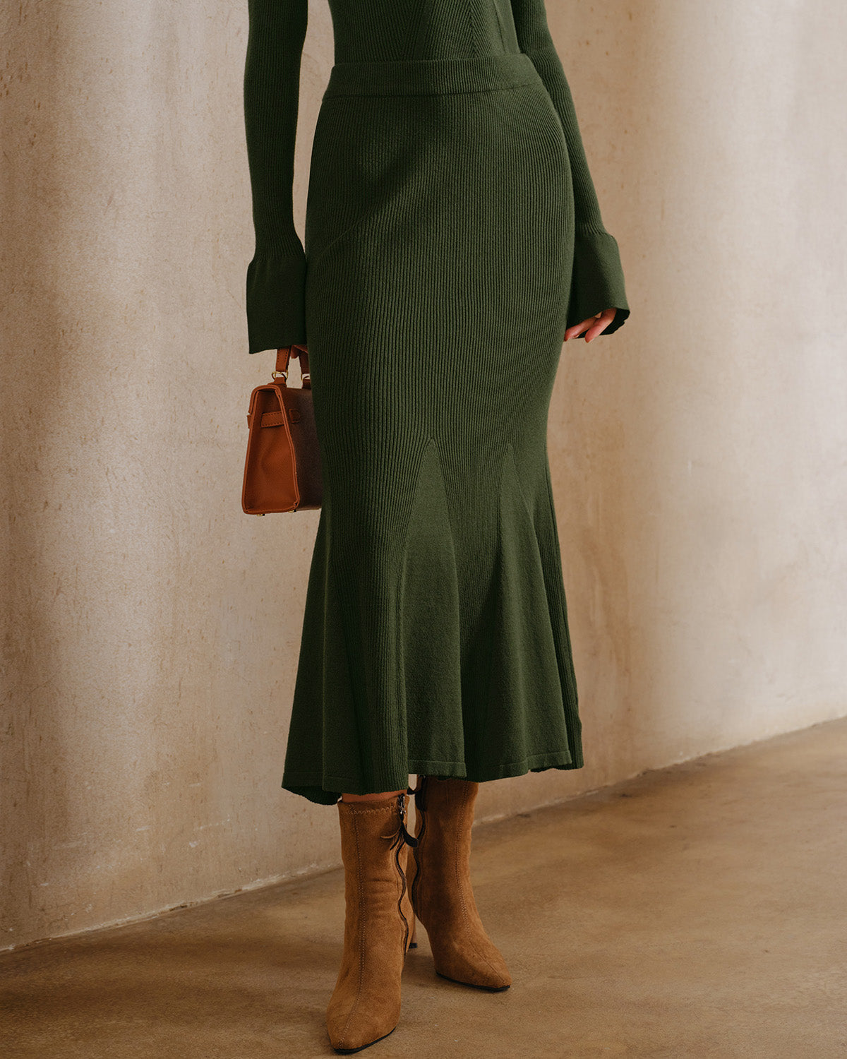 Gonna Midi a Sirena Verde in Maglia