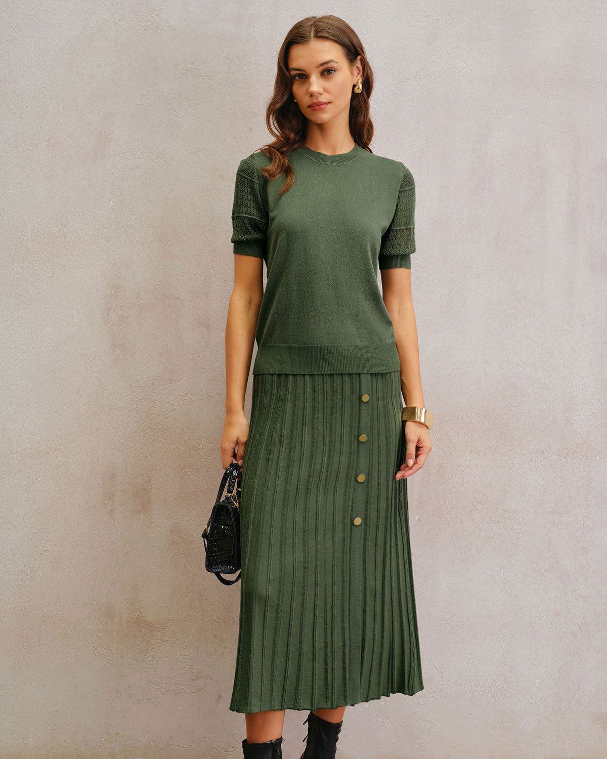 Gonna Midi Plissettata Verde Naturale in Maglia