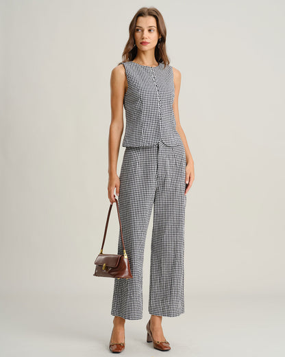 Pantaloni dritti a vita naturale in plaid nero