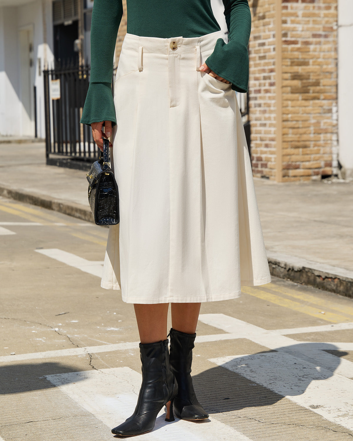 Gonna Midi A-Line Beige con Tasche