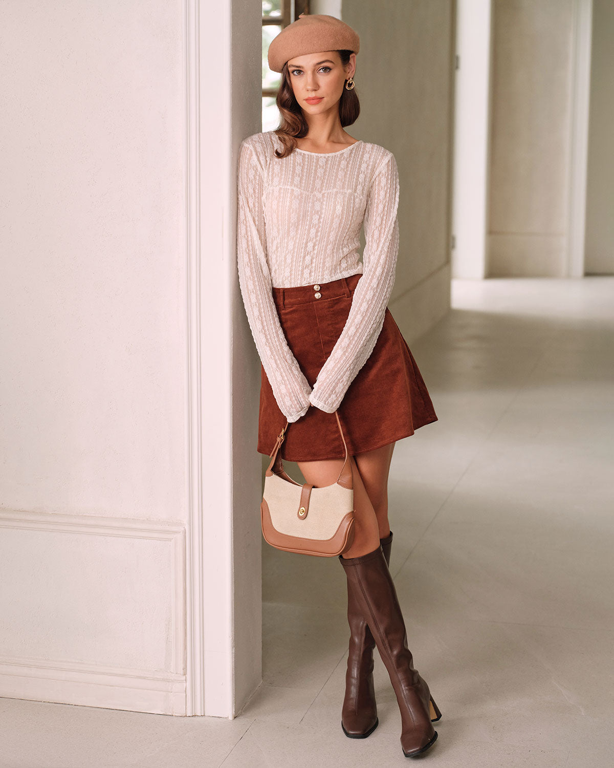 Gonna Mini A-Line in Velluto a Coste Marrone