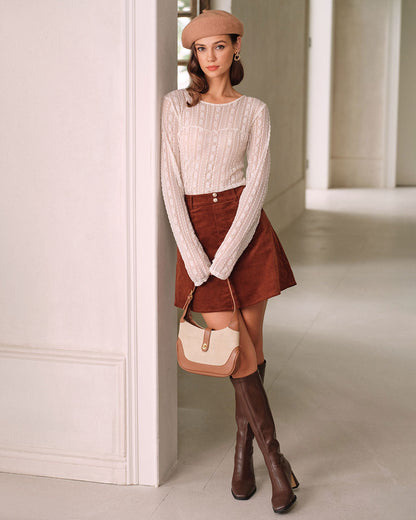 Gonna Mini A-Line in Velluto a Coste Marrone