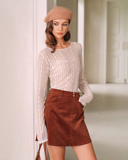 Gonna Mini A-Line in Velluto a Coste Marrone