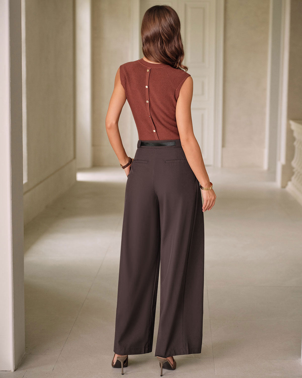 Pantaloni Casual a Vita Naturale Color Caffè