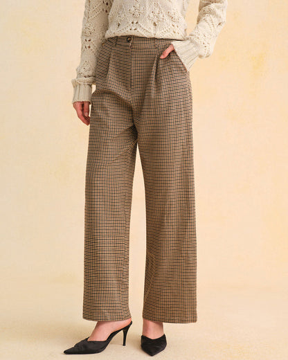 Pantaloni Dritti a Quadri Marroni