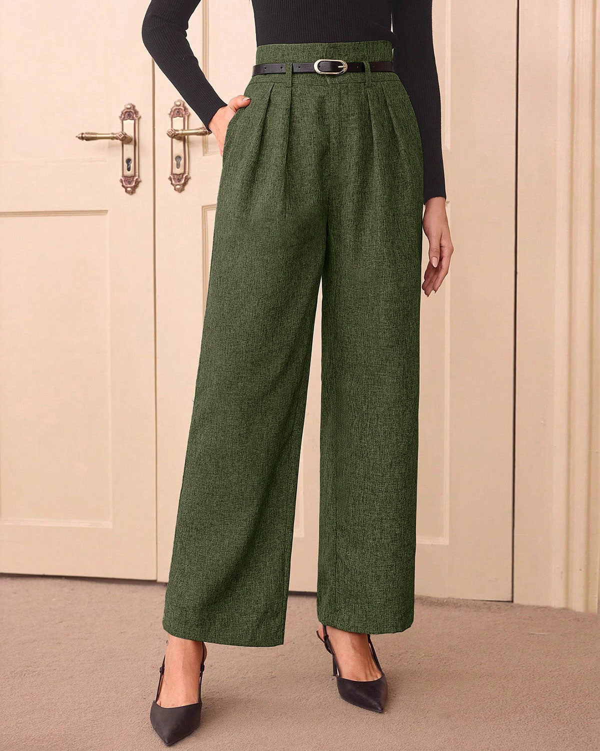 Pantaloni Casual Dritti Verde con Cintura