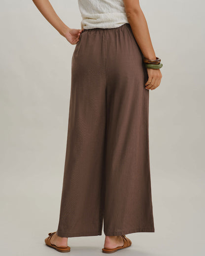 Pantaloni Larghi con Vita Elastica Color Caffè