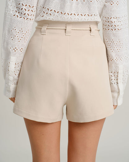 Pantaloni Corti Beige con Vita Regolabile e Tasche