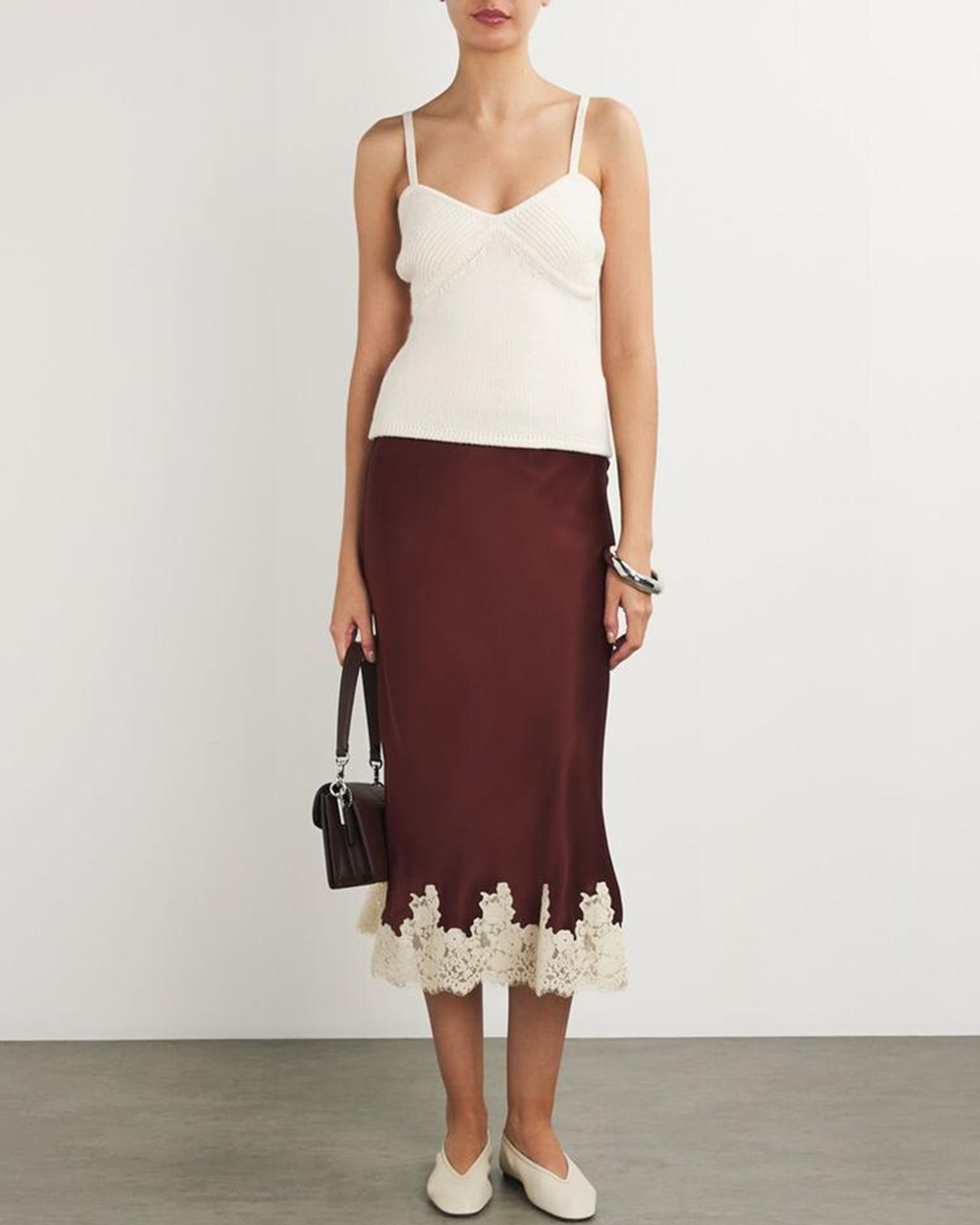 Gonna Midi Elasticizzata in Vita Contrasto Rosso Vino