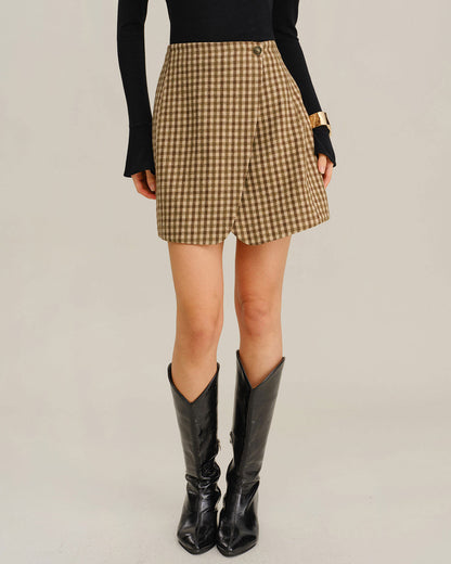 Gonna Mini Avvolgente a Quadri Khaki