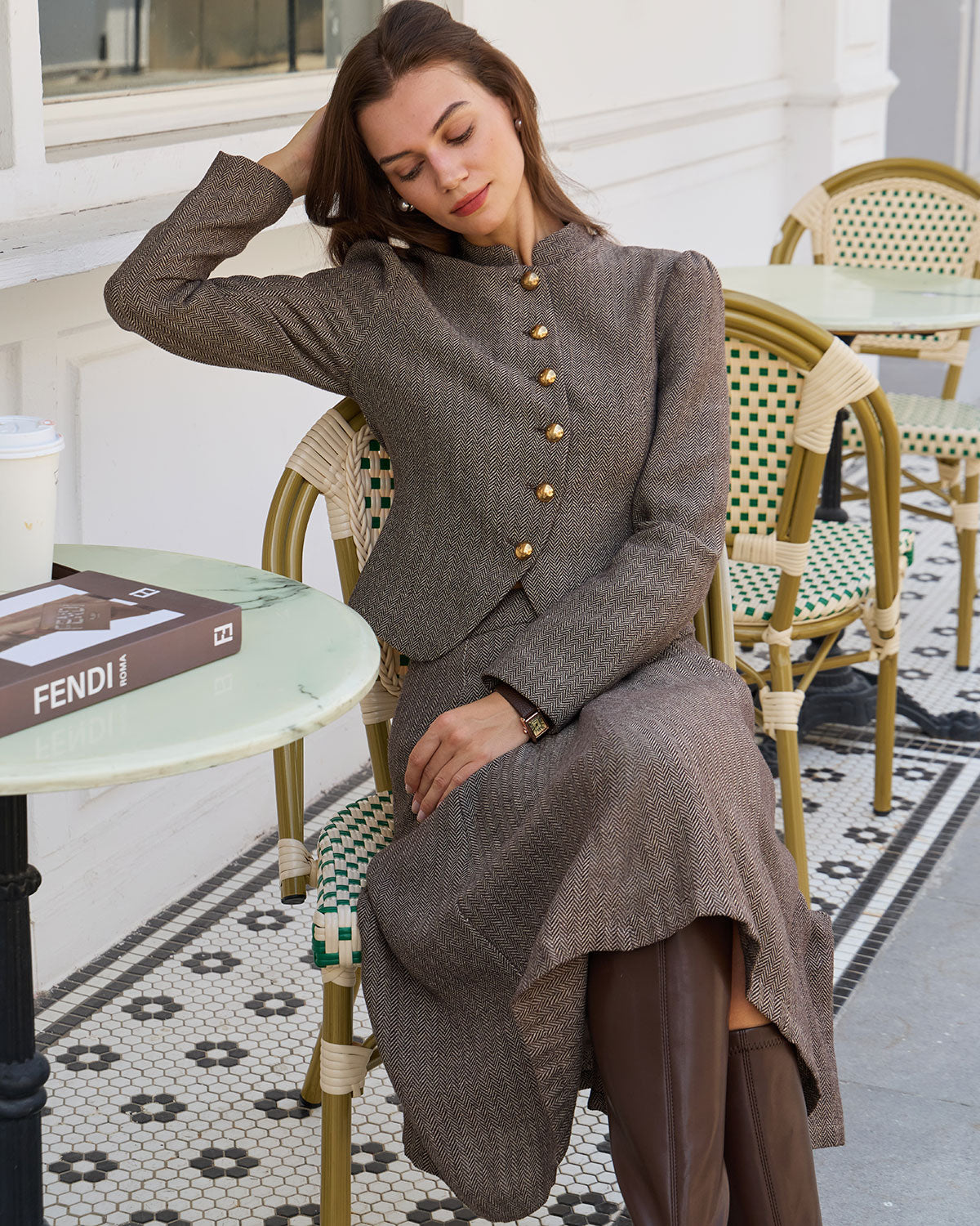 Gonna Midi A-Line in Poliestere Marrone a Vita Naturale